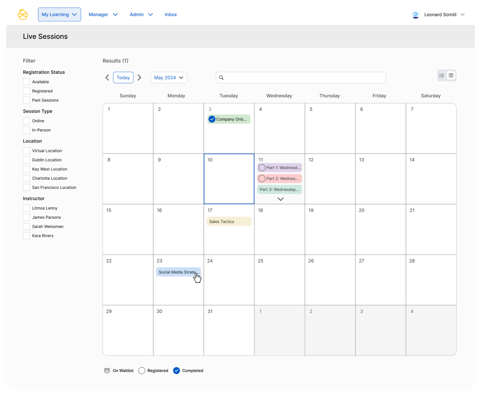 Redesigned Litmos Live Sessions calendar: month view with registration status filters, session type, location and instructor filters, color-coded completed, registered and waitlisted sessions