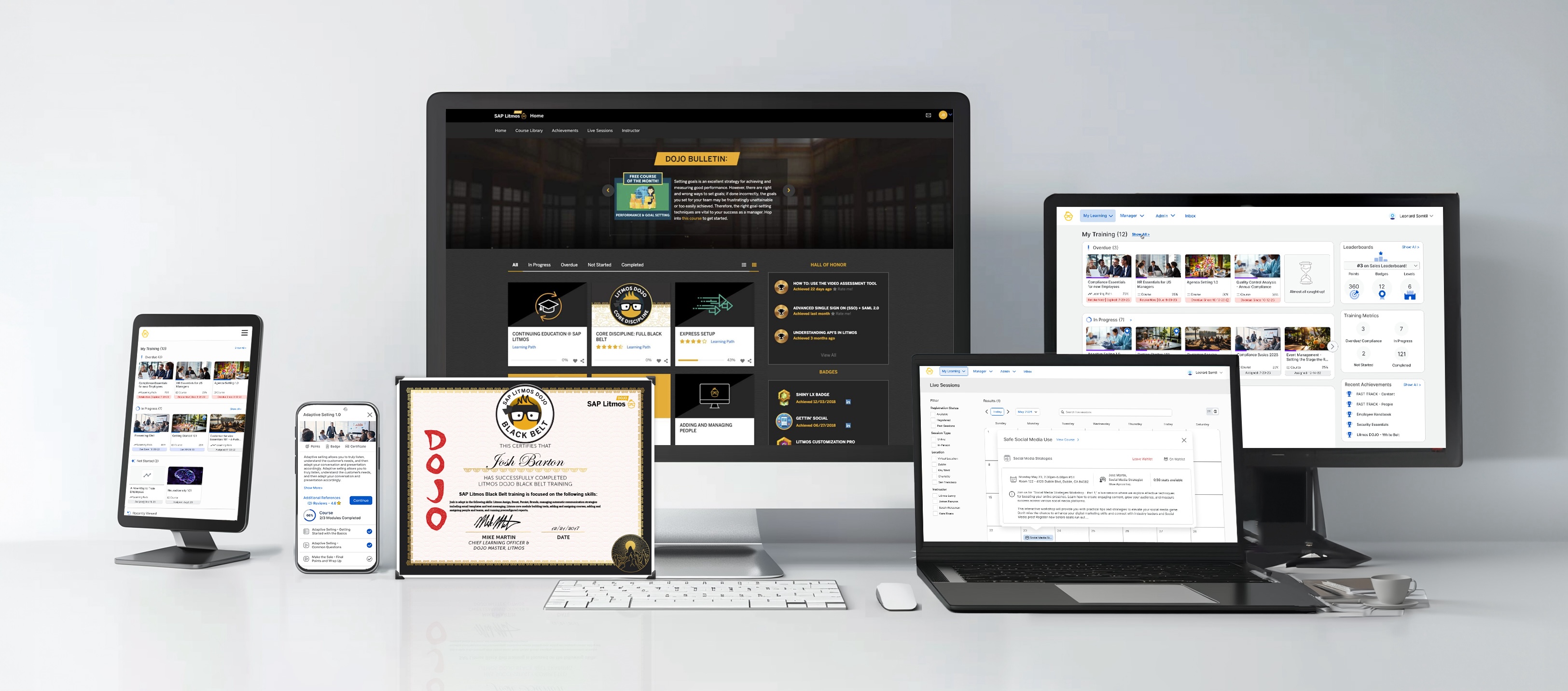 SAP Litmos Dojo training portal shown across desktop, laptop, tablet and phone, with a framed Dojo Black Belt certificate for Josh Barton