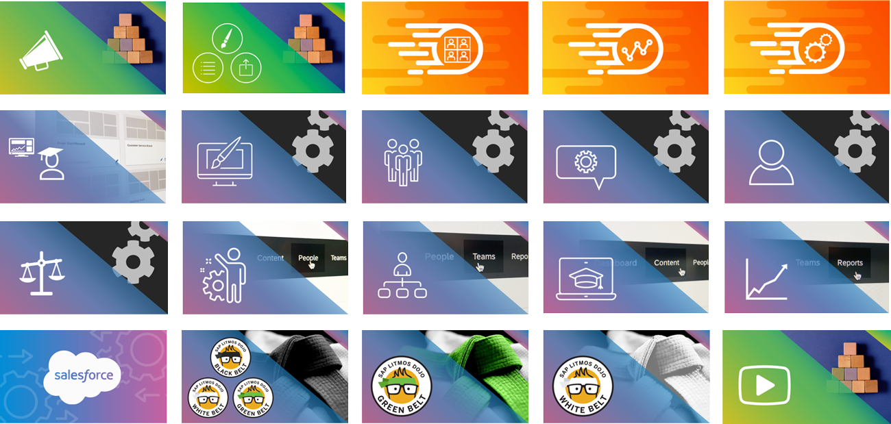 Grid of twenty Litmos course tile designs: gradient iconography, belt badges, and Salesforce integration art