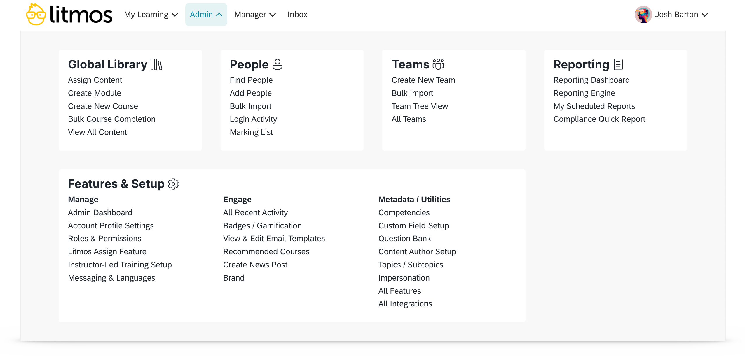 Litmos unified mega-navigation fully expanded: Global Library, People, Teams, Reporting, and Features and Setup groups, every destination one click deep